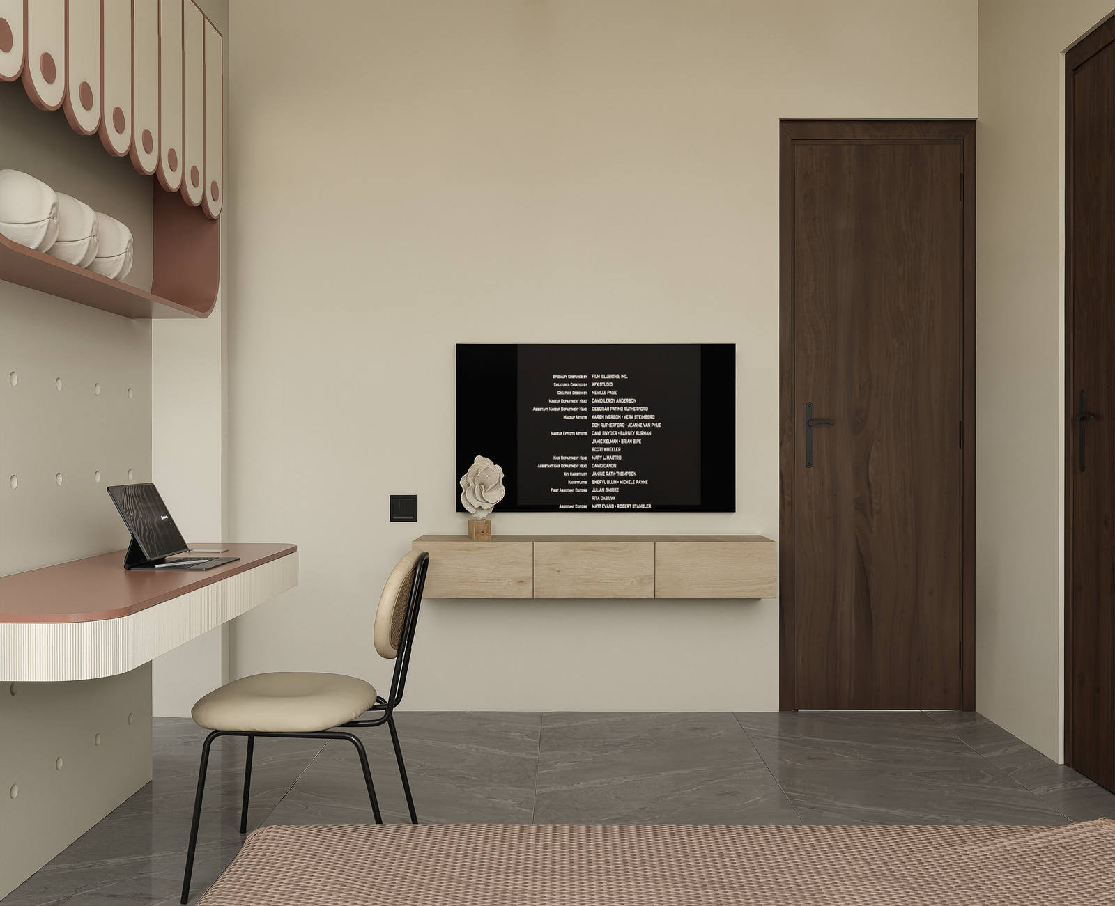Bedroom study nook with pink accent desk, chair and wall-mounted TV console